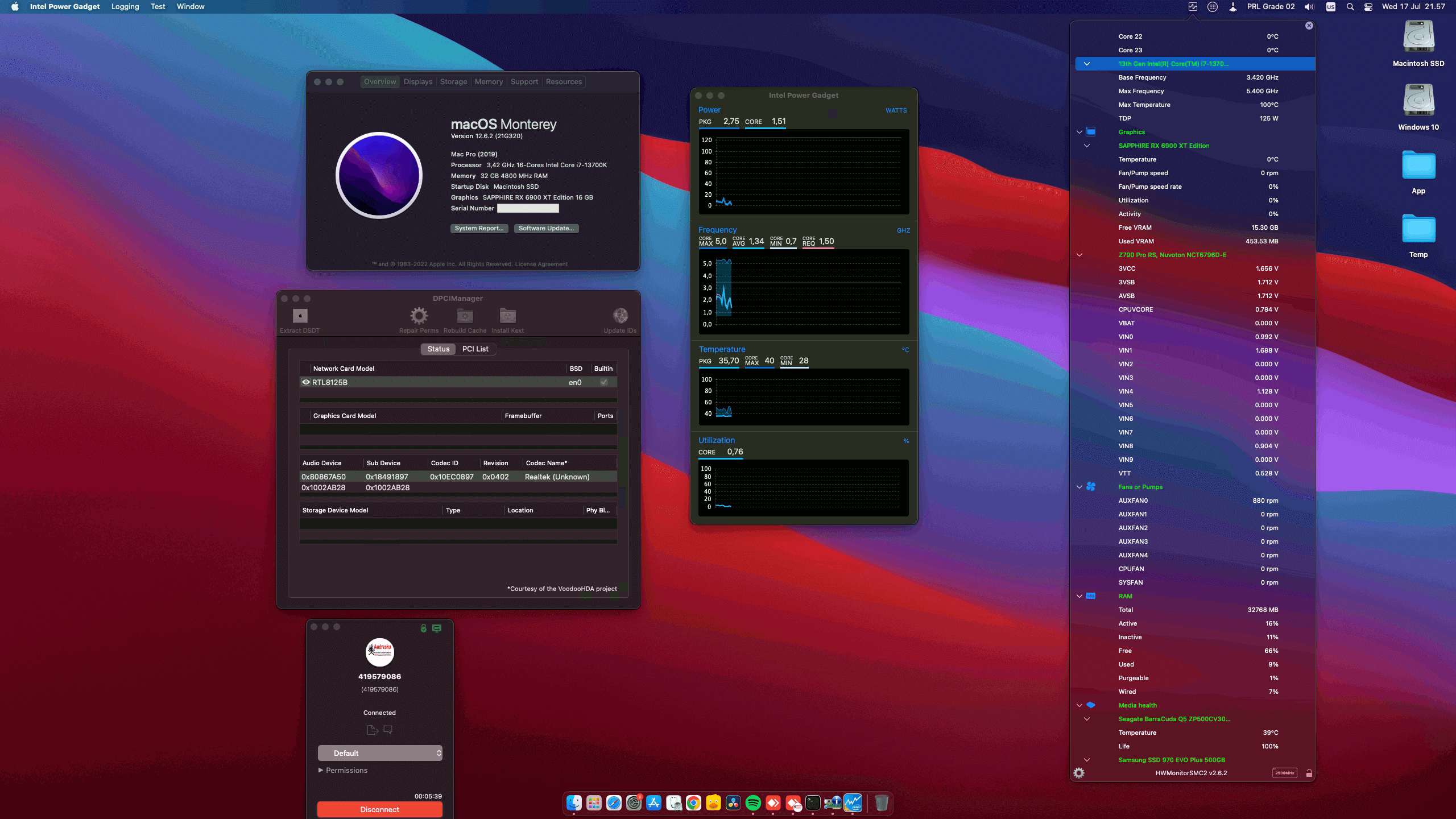 Success Hackintosh macOS Monterey 12.7.1 Build 21G920 in Asrock Z790 PRO RS + Intel Core i7 13700K + Sapphire RX 6900 XT